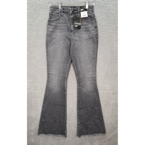 Lee Jeans Womens 2 Medium Black Denim High Rise Flare Raw Hem Distressed Preppy‎ - Picture 1 of 12